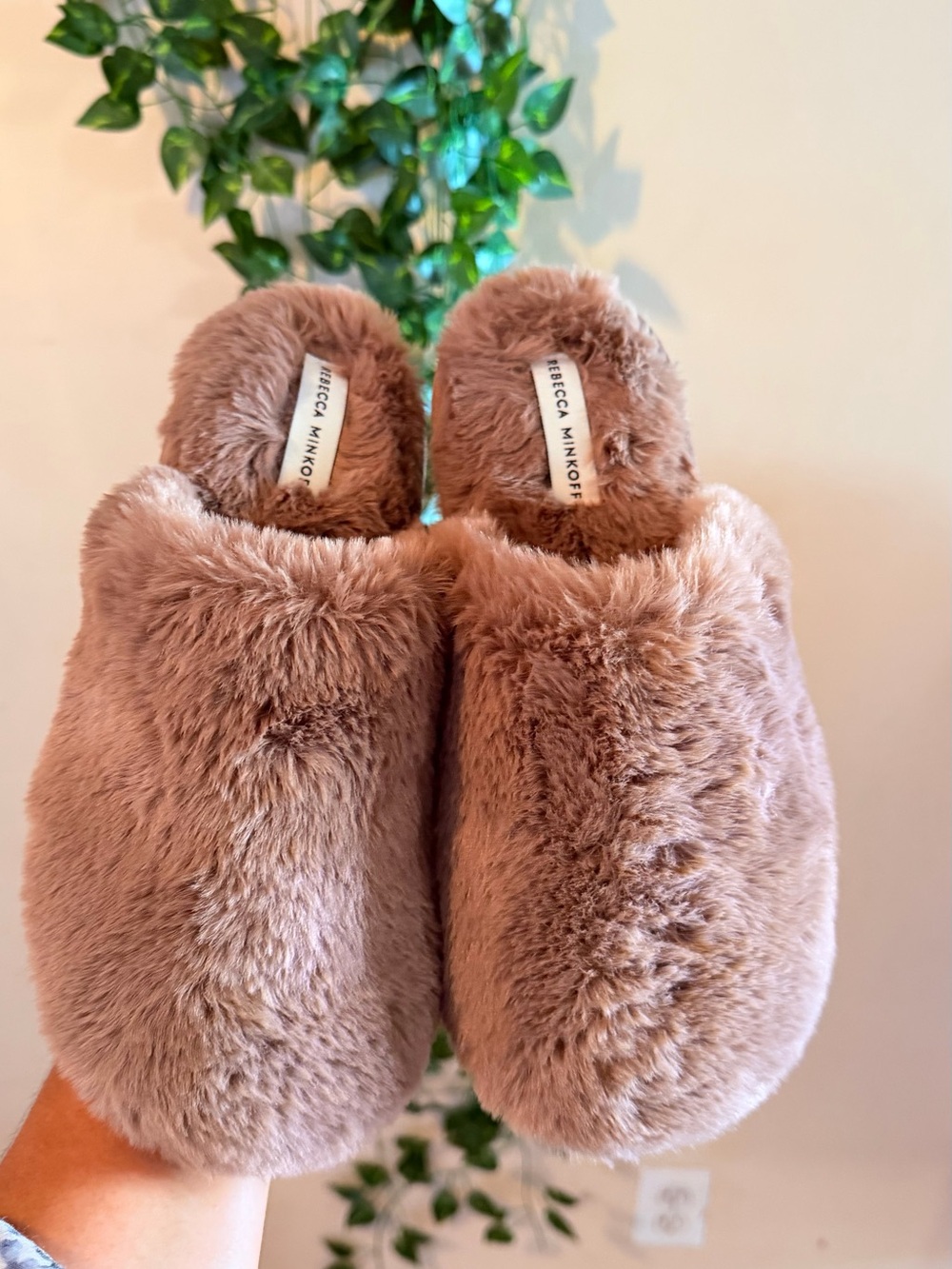 Rebecca Minkoff Plush Faux-Fur Slip-Ons — Blush Brown